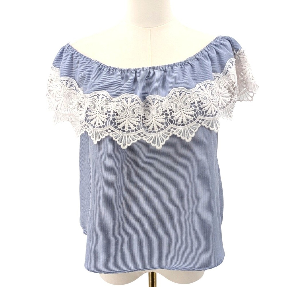 Off‎ Shoulder Lace Stripe Top Boho Coastal Iris Size L Summer Spring